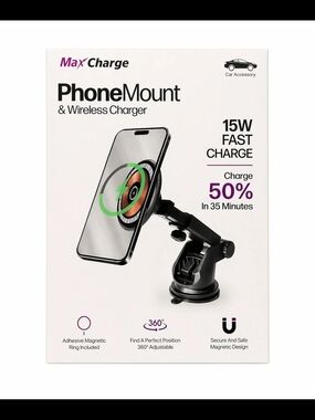 Black Car Phone Mount & 15W Fast Charge Wireless Charger BNIB